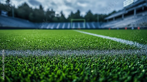 Green football field with white lines under cloudy sky in an empty stadium