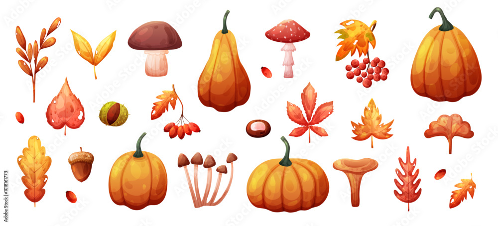Autumn fall set with dry leaves, pumpkin and mushroom. Vector illustration Autumn fall set with dry leaves, pumpkin and mushroom. Vector illustration