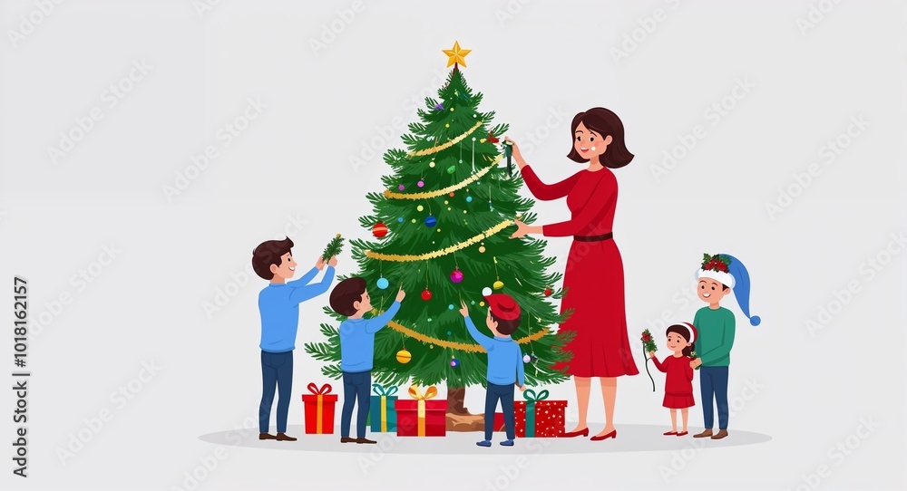 Hand drawing clipart of a mother decorating Christmas tree with family on plain white background Hand drawing clipart of a mother decorating Christmas tree with family on plain white background