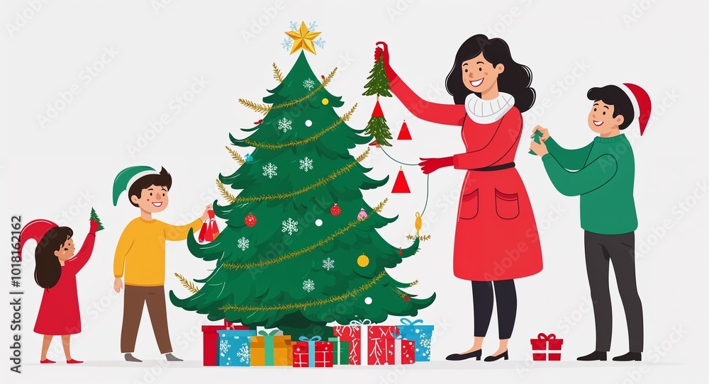 Hand drawing clipart of a mother decorating Christmas tree with family on plain white background Hand drawing clipart of a mother decorating Christmas tree with family on plain white background