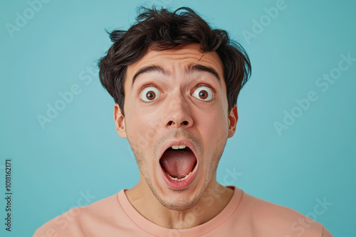 Jumpy after hearing sudden loud noises, A surprised young man with open mouth and wide eyes against a blue background, showcasing raw emotion and excitement. photo