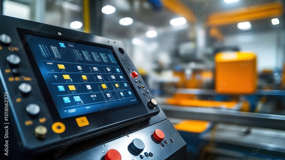 Industrial control panel operating machinery in modern automated manufacturing facility Industrial control panel operating machinery in modern automated manufacturing facility