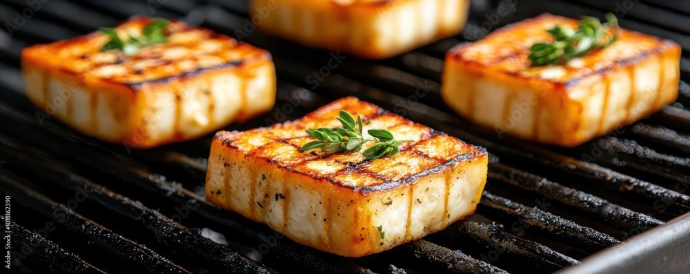Grilled halloumi cheese sizzling on a dynamic grill shot, with herbs and spices adding flavor, creating a mouth-watering summer BBQ scene Grilled halloumi cheese sizzling on a dynamic grill shot, with herbs and spices adding flavor, creating a mouth-watering summer BBQ scene