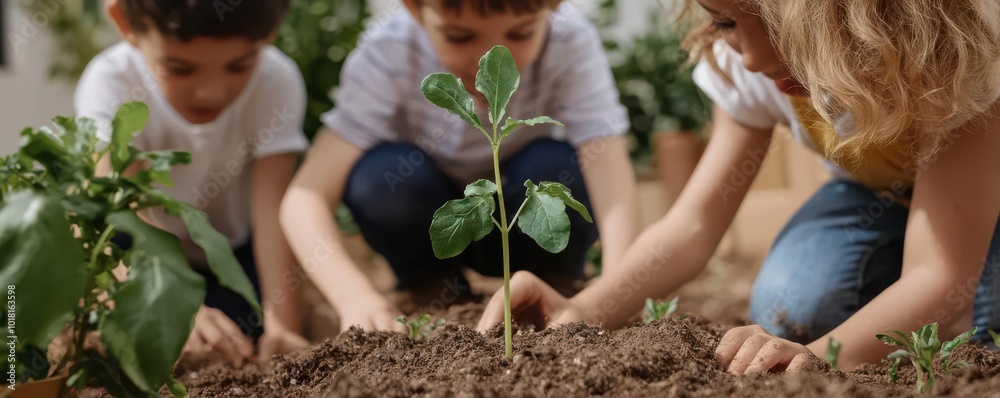 Multi-ethnic children gathered around a tiny sprout in the garden, planting together, symbolizing diversity, friendship, and environmental care Multi-ethnic children gathered around a tiny sprout in the garden, planting together, symbolizing diversity, friendship, and environmental care