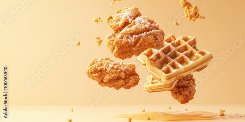 Delicious chicken and waffles floating against a warm background, perfect for food lovers and culinary creations.