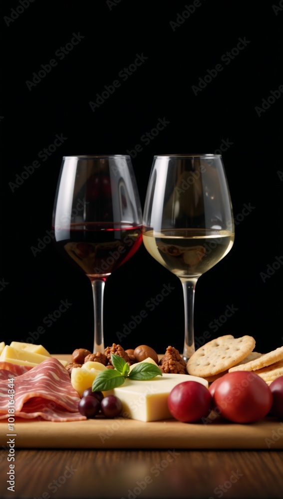 Two glasses of wine and charcuterie board set against a dark minimalist backdrop with ample room for text Two glasses of wine and charcuterie board set against a dark minimalist backdrop with ample room for text