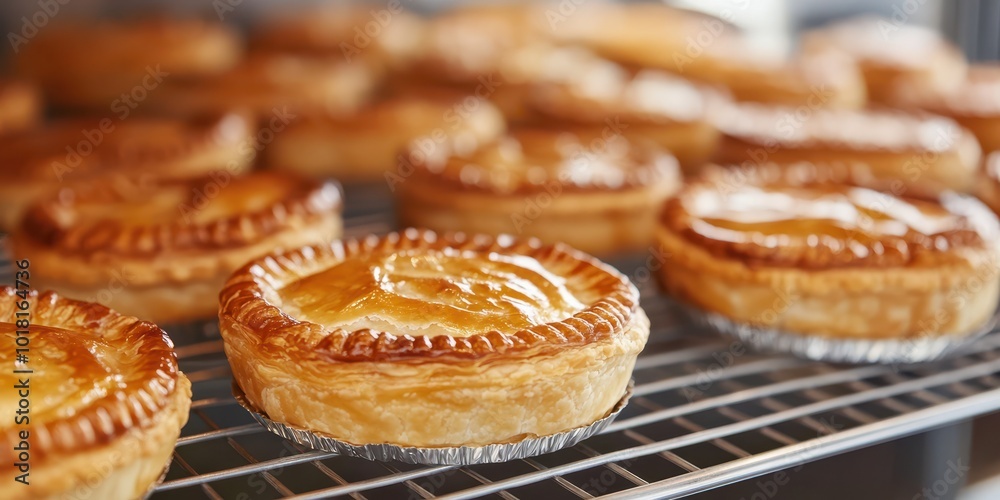 Delicious golden pastries freshly baked and cooling on a wire rack, perfect for any dessert lover. Delicious golden pastries freshly baked and cooling on a wire rack, perfect for any dessert lover.