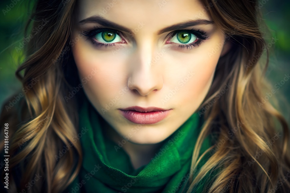 Naklejka premium Close-up portrait of a young woman with striking green eyes.