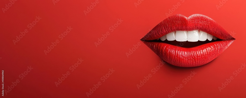 Vibrant close-up of red lips parted to reveal white teeth, set against a matching red background, highlighting beauty and artistic expression Vibrant close-up of red lips parted to reveal white teeth, set against a matching red background, highlighting beauty and artistic expression