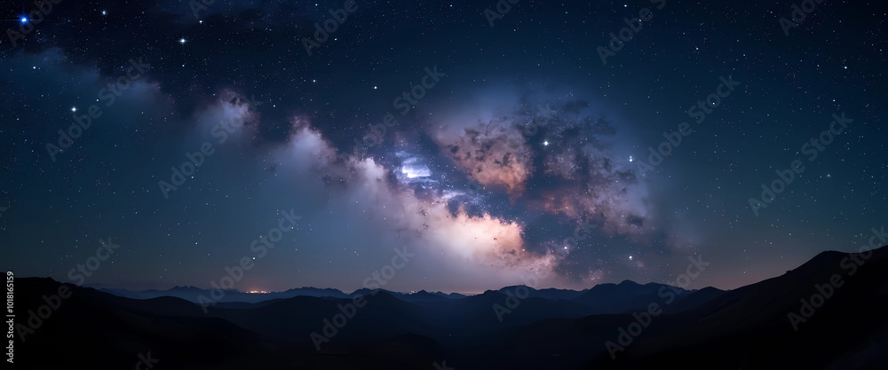 Fototapeta premium A breathtaking panorama of the Milky Way galaxy, filled with stars and space dust, seen from the depths of space, generative ai
