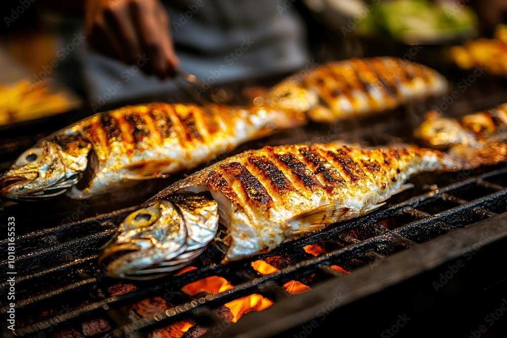 Close-up of Grilled Fish on a Charcoal Grill Close-up of Grilled Fish on a Charcoal Grill