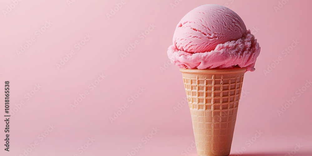 Delicious pink ice cream scoop in a waffle cone against a soft pink background, perfect for summer treats and desserts. Delicious pink ice cream scoop in a waffle cone against a soft pink background, perfect for summer treats and desserts.