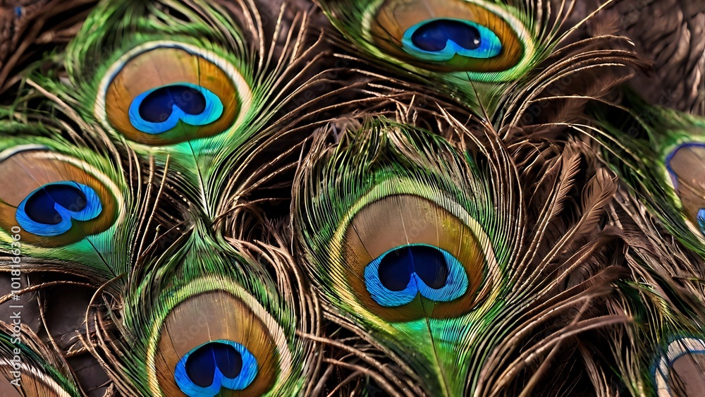 Fototapeta premium A bunch of peacock feathers used in Vastu to promote peace, harmony, and protection. Ideal for placing in living rooms or prayer areas to clear negative energy.