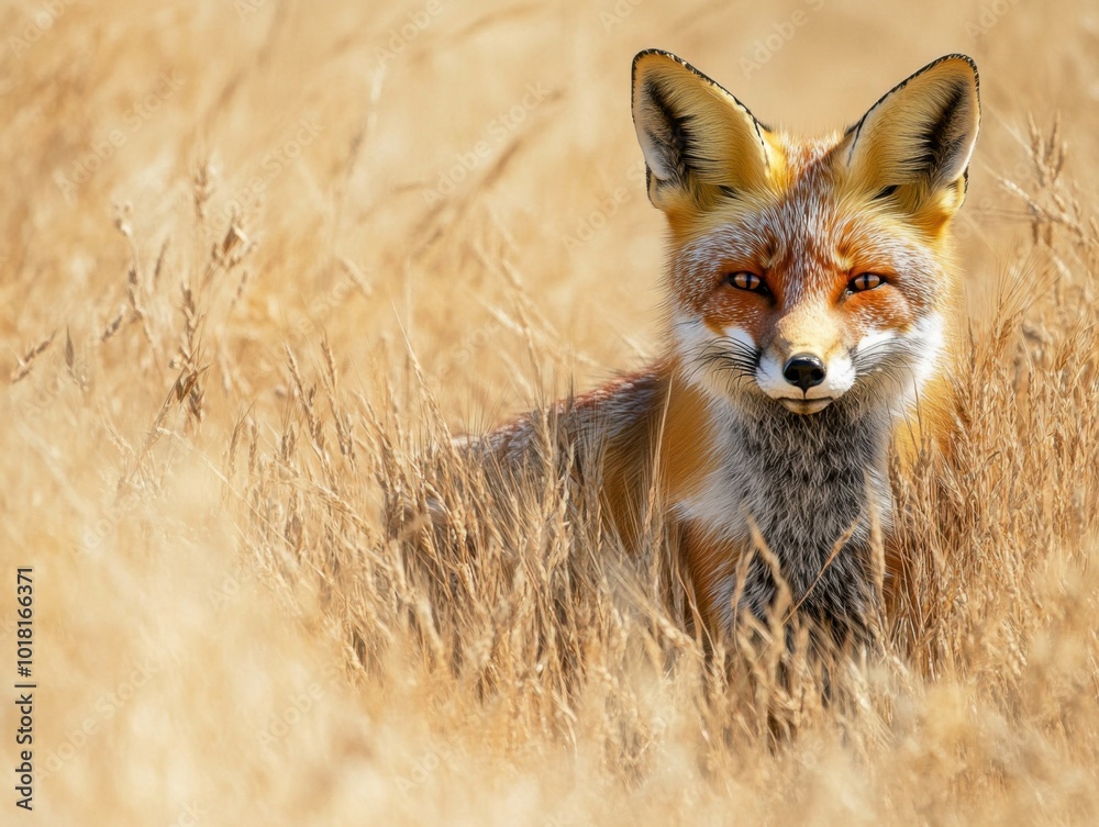 Red fox resting in dry grass field during daytime, displaying alert and curious expression Red fox resting in dry grass field during daytime, displaying alert and curious expression