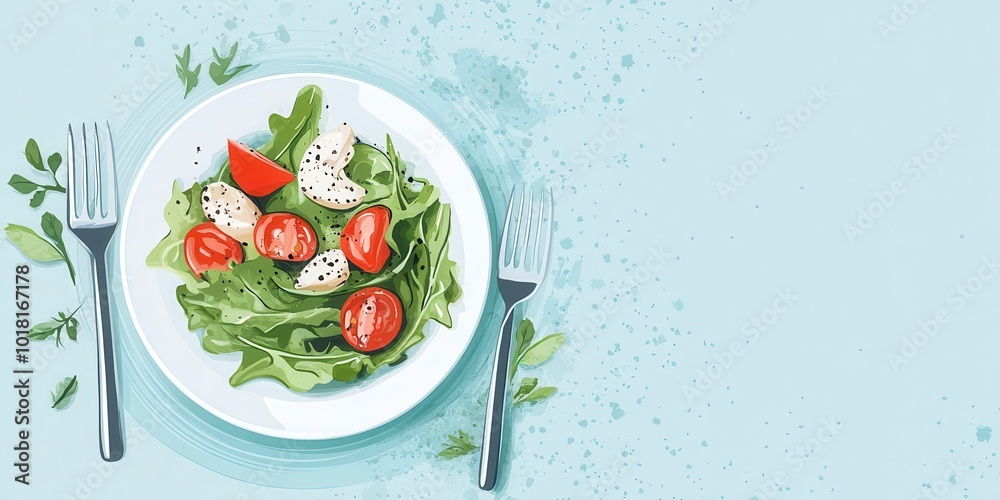 Fresh salad with greens, tomatoes, and cheese on a white plate, ideal for healthy eating and vibrant culinary presentations. Fresh salad with greens, tomatoes, and cheese on a white plate, ideal for healthy eating and vibrant culinary presentations.