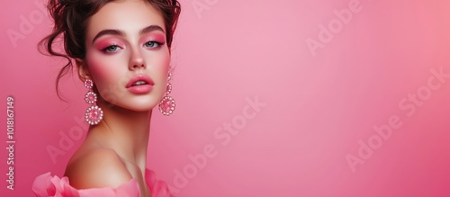 Beauty portrait, model with pink makeup and earrings