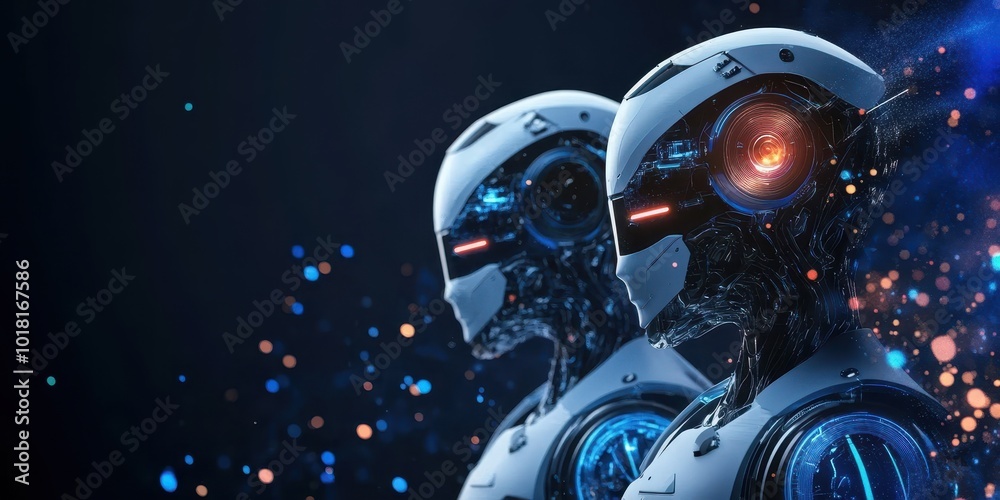 Fototapeta premium Futuristic robots with glowing features stand against a dark backdrop, showcasing advanced technology and innovation in design.