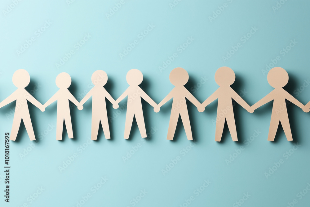 Paper cutout figures holding hands in a line on a blue background, symbolizing unity, teamwork, and community. Paper cutout figures holding hands in a line on a blue background, symbolizing unity, teamwork, and community.