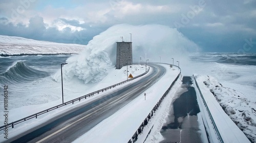 Powerful Waves Crash Onto Coastal Road During Storm photo