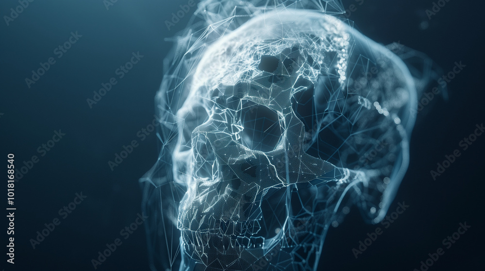 Digital wireframe skull with glowing points forming a futuristic network in a dark space Digital wireframe skull with glowing points forming a futuristic network in a dark space