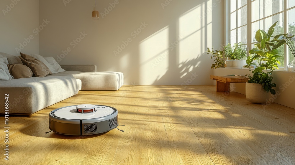 Sunlit living room with robotic vacuum cleaner cleaning wooden floor in minimalist design Sunlit living room with robotic vacuum cleaner cleaning wooden floor in minimalist design