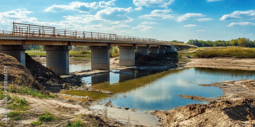 Scenic view of a bridge spanning a calm river under a bright blue sky with fluffy clouds, surrounded by lush greenery. Scenic view of a bridge spanning a calm river under a bright blue sky with fluffy clouds, surrounded by lush greenery.