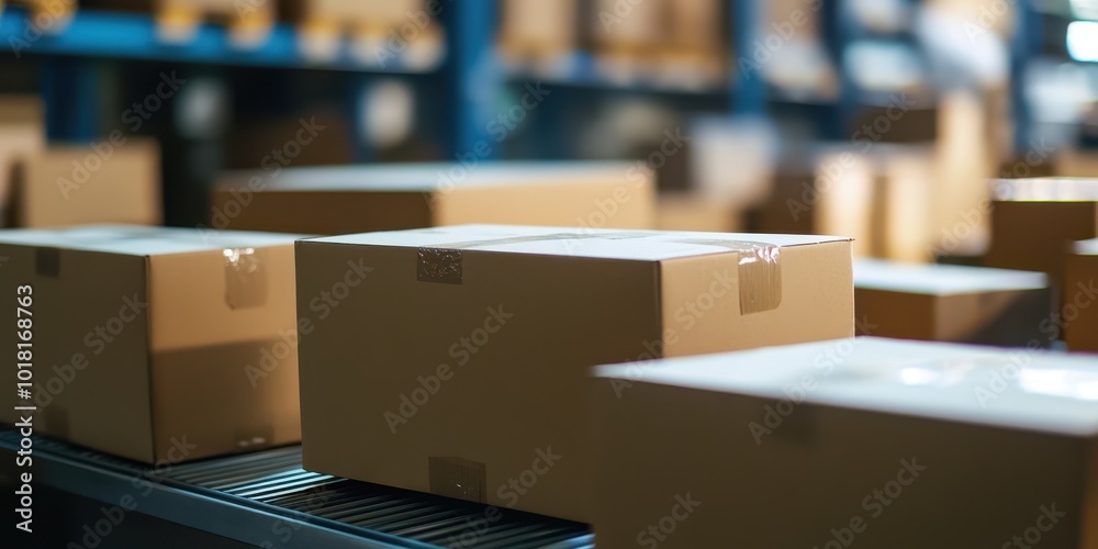 Storage facility with stacked cardboard boxes ready for shipping and delivery, showcasing organized logistics and business operations. Storage facility with stacked cardboard boxes ready for shipping and delivery, showcasing organized logistics and business operations.