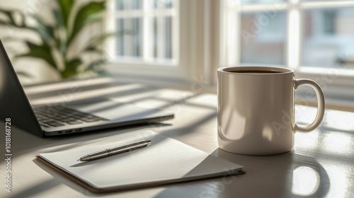 Sunlit workspace with notebook, pen, coffee mug, and laptop near large window photo