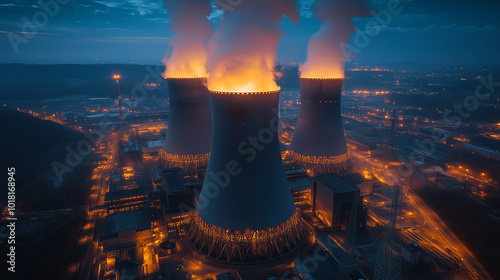 A nuclear power plant at night, with three large towers and glowing white light emanating from the smokestacks. The wide aerial view showcases the surrounding buildings and equipme photo