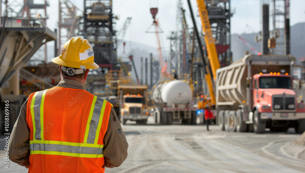 Construction worker manager wearing an orange hi-vis safety vest and yellow hard hat in front of heavy machinery at the site, with trucks and cranes visible in the background. Construction Site Construction worker manager wearing an orange hi-vis safety vest and yellow hard hat in front of heavy machinery at the site, with trucks and cranes visible in the background. Construction Site