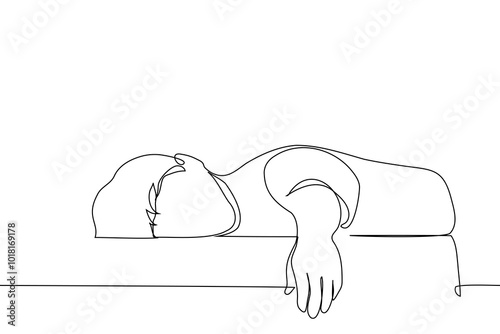 man lying relaxed on hard surface - one line art vector. concept fatigue at work, burnout, apathy, daytime sleep