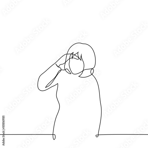 woman standing shielded her eyes - one line art vector. concept look into the distance, in sunlight or bad weather, poor visibility
