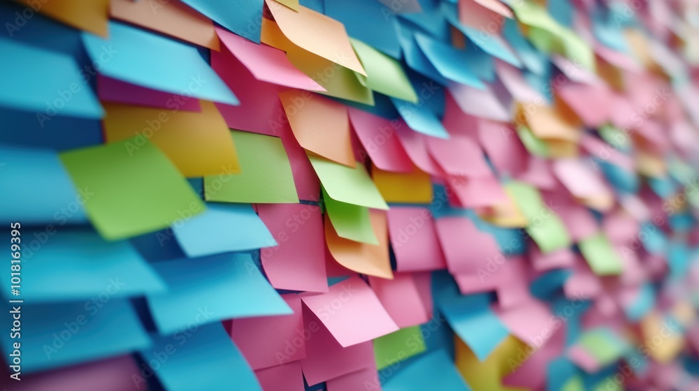Colorful Wall of Sticky Notes in an Office Setting, AI