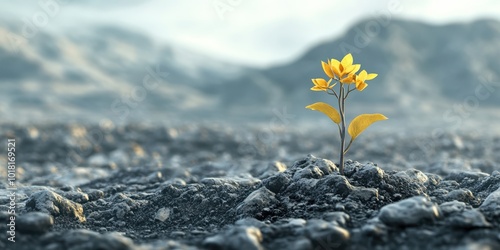 Vibrant yellow flower emerging from rocky terrain, symbolizing resilience and hope in a harsh environment. photo