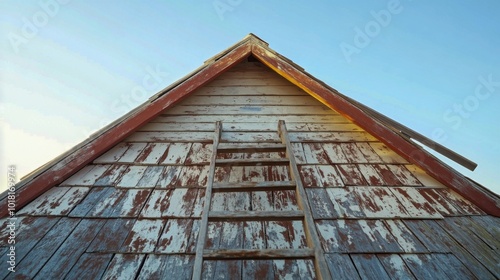 Weathered barn roof and ladder against clear blue sky in rural setting