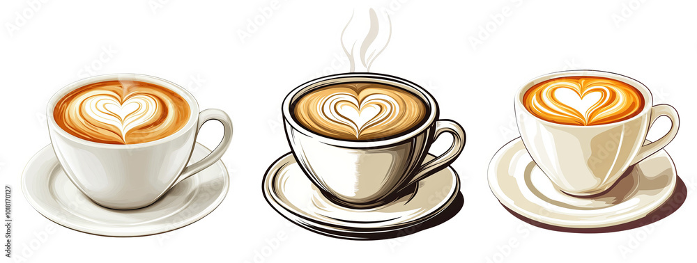 three coffee cups with heart shaped latte art details transparent background three coffee cups with heart shaped latte art details transparent background
