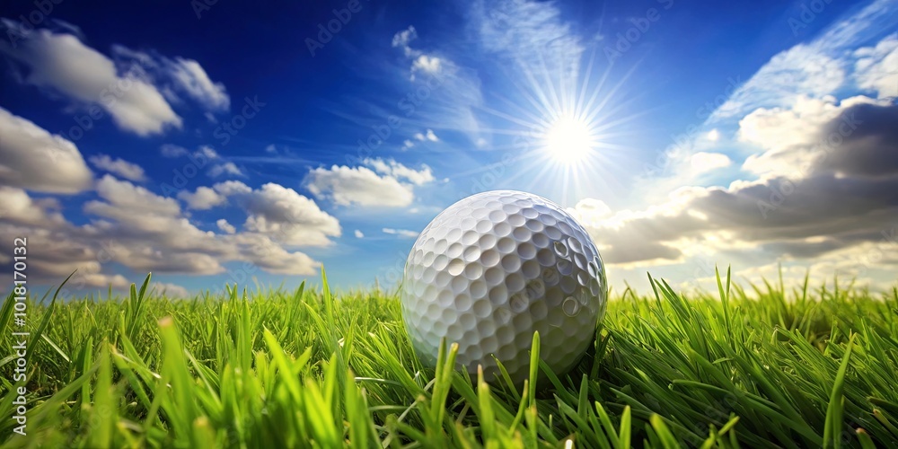 A Golf Ball Resting on a Lush Green Field Under a Bright Sunny Sky With Puffy White Clouds A Golf Ball Resting on a Lush Green Field Under a Bright Sunny Sky With Puffy White Clouds