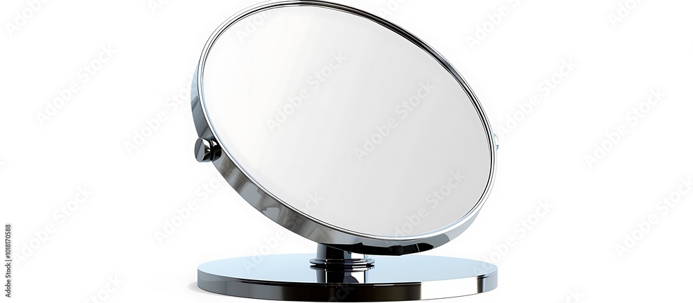 A round makeup mirror with a sleek chrome base, isolated on a white background. A round makeup mirror with a sleek chrome base, isolated on a white background.