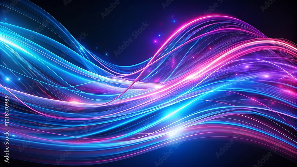 Naklejka premium Glowing blue and purple lines form a dynamic digital artwork, delivering a vibrant flow that elevates breathtaking drone photography to new artistic