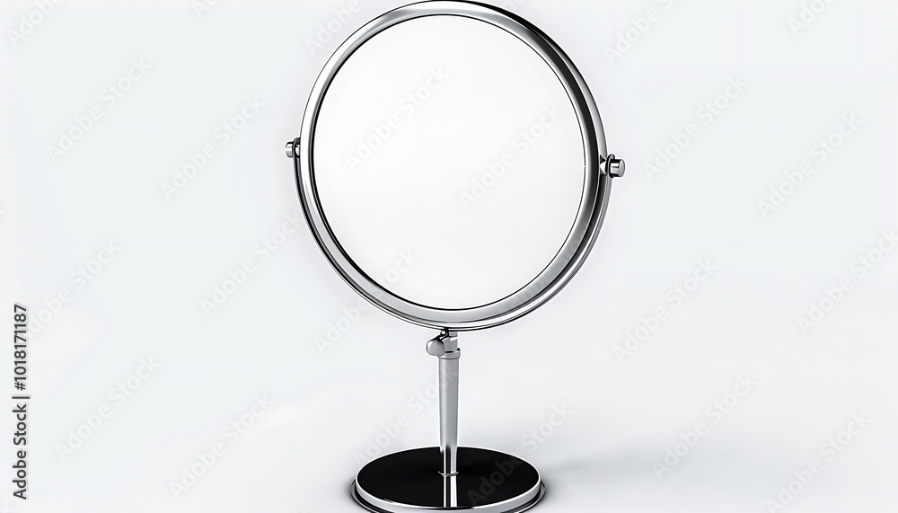 A sleek round makeup mirror with chrome stand, on white background. A sleek round makeup mirror with chrome stand, on white background.
