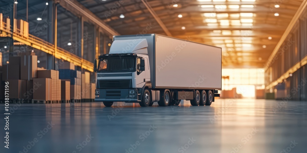 A large delivery truck parked inside a spacious warehouse, illuminated by warm sunlight, highlighting an efficient logistics environment. A large delivery truck parked inside a spacious warehouse, illuminated by warm sunlight, highlighting an efficient logistics environment.