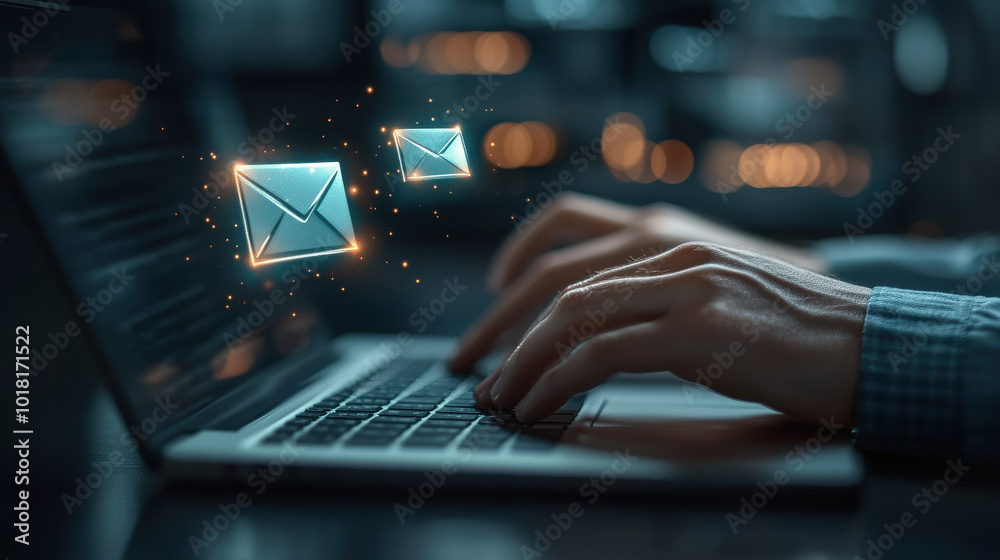 Shaky hands while typing an important email, A person typing on a laptop with email icons floating above, representing digital communication and modern technology. Shaky hands while typing an important email, A person typing on a laptop with email icons floating above, representing digital communication and modern technology.