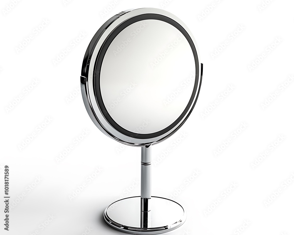 A sophisticated round makeup mirror with a chrome stand, isolated on a white background. A sophisticated round makeup mirror with a chrome stand, isolated on a white background.