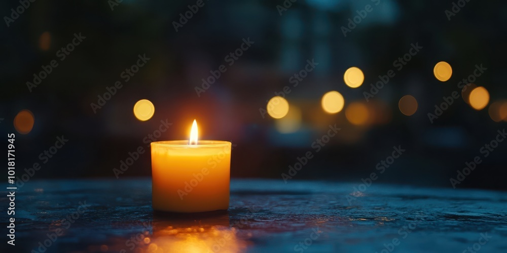 A serene candle glowing softly against a blurred backdrop, perfect for evoking calm and warmth in any setting. A serene candle glowing softly against a blurred backdrop, perfect for evoking calm and warmth in any setting.