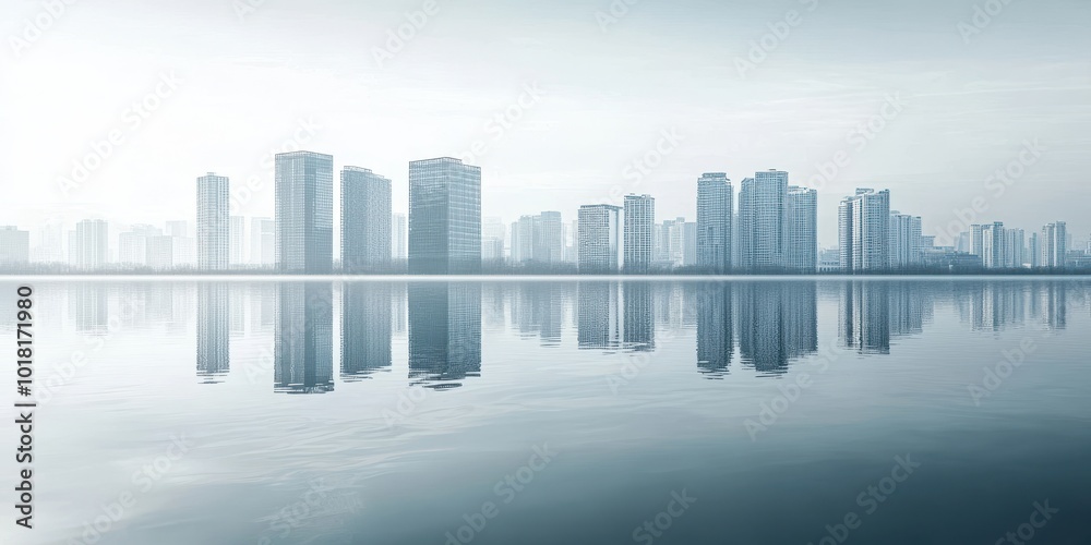 A serene city skyline reflected in calm waters, showcasing modern architecture and a tranquil atmosphere on a misty day. A serene city skyline reflected in calm waters, showcasing modern architecture and a tranquil atmosphere on a misty day.