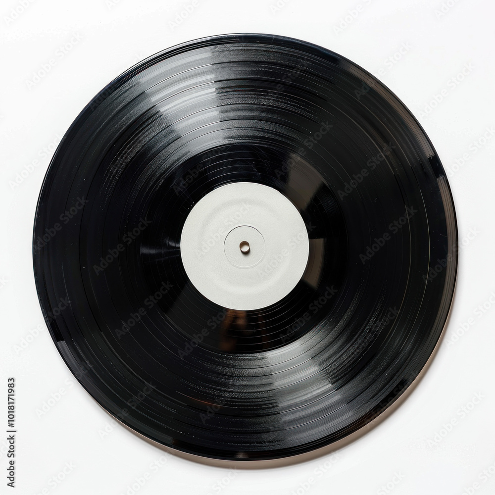 Black vinyl record with white disc playing on turntable, spinning under needle. Music room with vintage decor in background. Black vinyl record with white disc playing on turntable, spinning under needle. Music room with vintage decor in background.