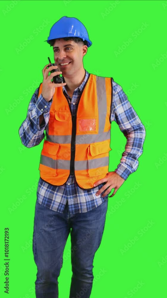 vertical Construction worker communicating through his walkie-talkie chroma key vertical Construction worker communicating through his walkie-talkie chroma key