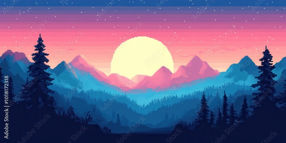 Naklejka premium A serene mountain landscape at sunset, with vibrant colors and silhouetted trees creating a tranquil atmosphere.