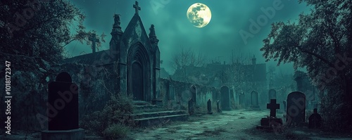 A scary old gloomy cemetery. Halloween decorations. Day of the Dead. Commemoration of the dead. Dark landscape photo