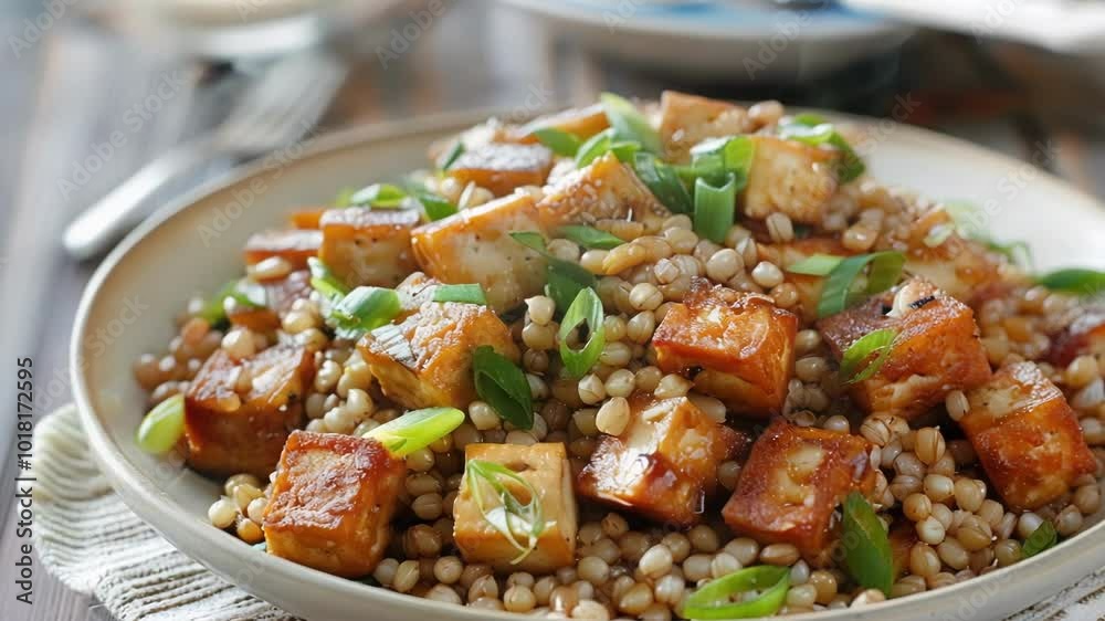Savory wheat berries are topped with crispy fried tofu and garnished with fresh chopped green onions for a healthy vegetarian meal